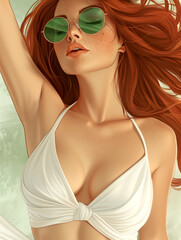 Wall Mural - A woman with a green pair of sunglasses is wearing a white bikini top. The image has a bright and cheerful mood, with the woman's red hair and the green sunglasses adding a pop of color to the scene