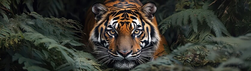 stealthy tiger stalking prey through dense jungle foliage, highlighting hunting instincts