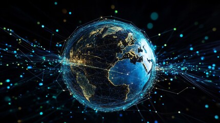 Wall Mural - Global Network with Blue and Green Lights.