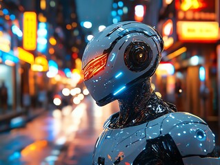 Aufkleber - Futuristic Robot in Neon City.