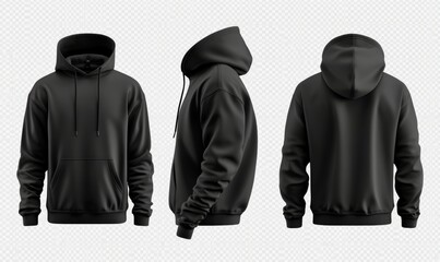 Set of Black front and back view tee hoodie hoody sweatshirt on white background cutout, PNG file. Mockup template for artwork graphic design, Generative AI