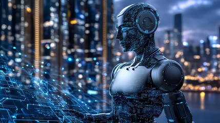 Poster - Futuristic Robot Interacting with Digital Interface.