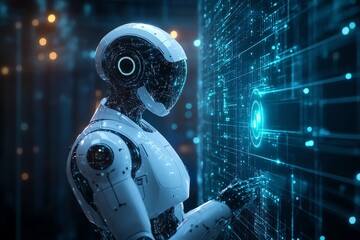 Fototapete - Futuristic robot interacting with digital interface.