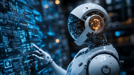 Fototapete - Futuristic Robot Interacting With Digital Interface.
