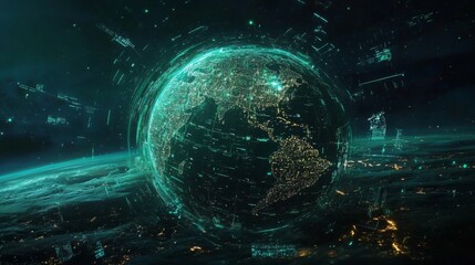 Futuristic digital globe with glowing lines and city lights.