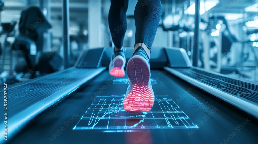 Runner On A Treadmill With Biomechanical Analysis Overlays Showing