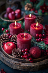 an advent wreath made of green fir branches decorated with red burning candles