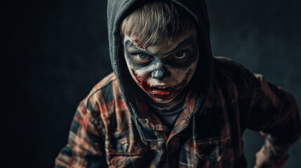 kid dressed as a zombie on halloween, children halloween costume, trying to scare, wallpaper with copy space