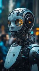 Aufkleber - Futuristic robot with glowing eyes.