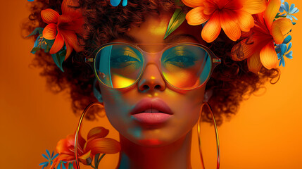 Wall Mural - modern pop art portrait of beautiful woman in golden sunglasses on bright orange background. contemp