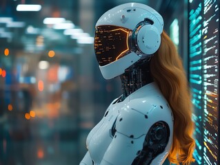 Fototapete - Futuristic robot woman with long hair standing next to a monitor with code.