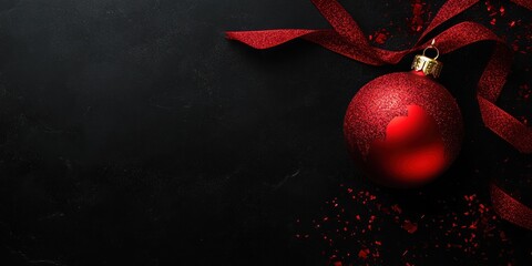 Christmas red ornament with ribbon on black background, wide banner with copy space area