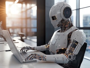 Poster - Futuristic robot working on laptop.