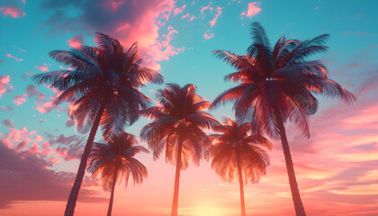 Wall Mural - Silhouettes of palm trees against a vibrant, pink and blue sunset sky.