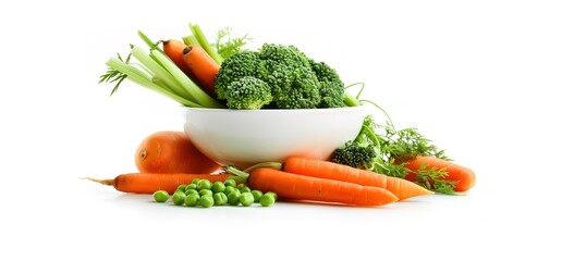 Wall Mural - A bowl of fresh vegetables, including carrots, broccoli, celery, and peas, arranged on a white background.