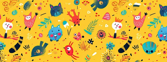 Colorful Cartoon Animals and Flowers Pattern