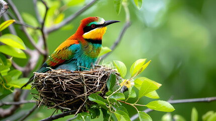 Wall Mural - Colorful bird perched in a nest in a tree.