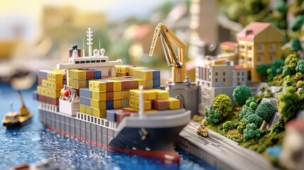 Model of port city with cargo ships connected by virtual pathways to various global destinations, port city logistics, 3D illustration, international trade efficiency