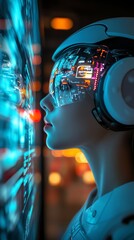 Leinwandbilder - Futuristic Woman Looking at Digital Display.