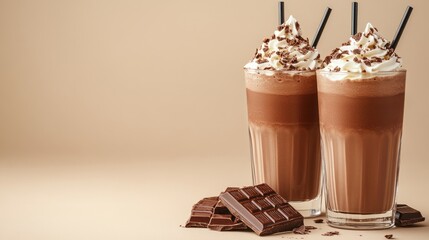 Two chocolate milkshakes topped with whipped cream and chocolate shavings are sitting on a table