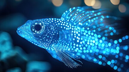 Intricate 3D close-up of a bioluminescent fish showcasing its vibrant light patterns in the ocean