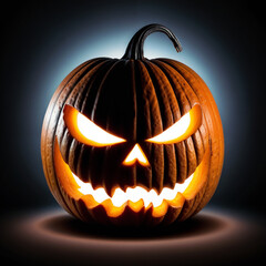 Scary-faced  Jack o'Lantern pumpkin with a creepy smile, set against a black background