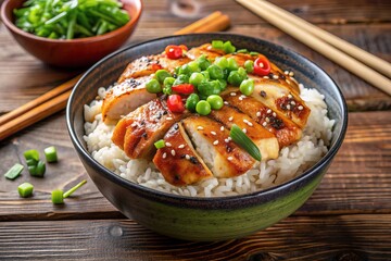 Savory Japanese donburi bowl filled with steaming hot rice, tender grilled chicken, and vibrant stir-fried vegetables, garnished with green onions and sesame seeds.