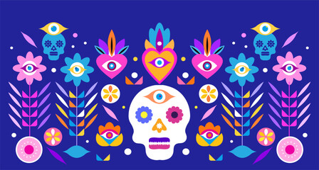 Wall Mural - Dia de Los Muertos, Day of the Dead or Halloween greeting card, banner, background Sugar skulls, candle, maracas, guitar, sombrero, marigold flowers, Сalavera la Catrina skeleton  Vector illustration