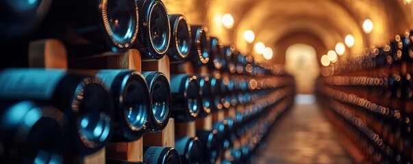 Rows of Wine Bottles in a Warmly Lit Cellar, Generative AI