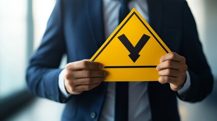 A businessman holds a warning sign about economic conditions, including deflation and inflation, emphasizing caution in investment. 