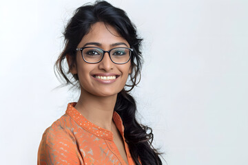 Poster - Happy smiling student Indian woman in glasses portrait isolated on white