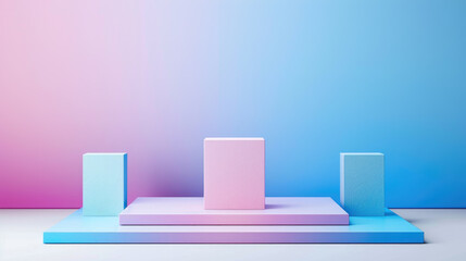 Pastel geometric display, featuring three textured blocks on layered platforms against a gradient backdrop of soft pink and blue hues, evokes a modern aesthetic.