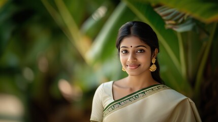 Indian woman wearing traditional white and green sari smiling in tropical forest