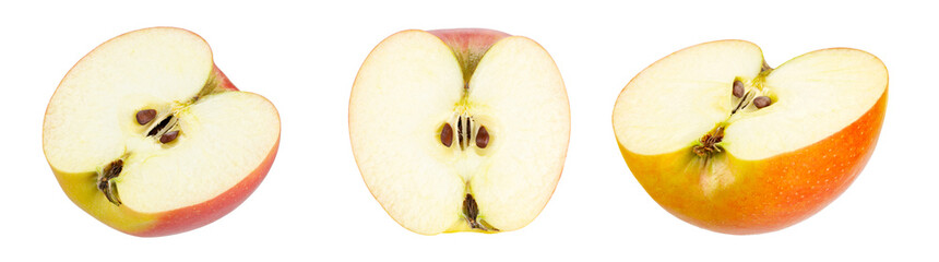 Wall Mural - Red apple isolated. Half and a slice on isolated white background. Red apple set. File contains clipping path.