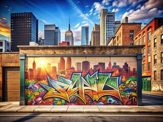 Urban cityscape with trendy graffiti-covered wall featuring a blank poster template, perfect for advertising or promotional design, set against a vibrant city street background.