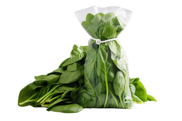 Poster - A Delicate Bundle of Fresh Spinach in a Reusable Mesh Bag on a White or Clear Surface PNG Transparent Background.