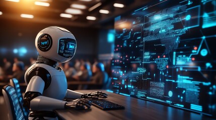Leinwandbilder - Robot working at a computer with blue screen.