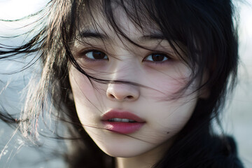 Wall Mural - Close-up portrait of a young asian woman with windblown hair, looking directly at the camera
