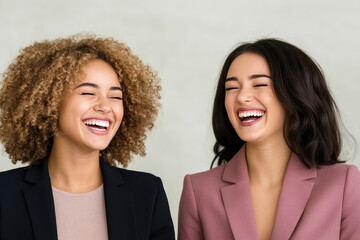 Joyful Business Partners, two women in professional attire sharing a genuine laugh, embodying camaraderie and positivity in a light-hearted office environment