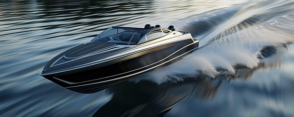 A black speedboat cuts through the water, leaving a white wake behind it. The boat is sleek and modern, with a sharp bow and a low profile.