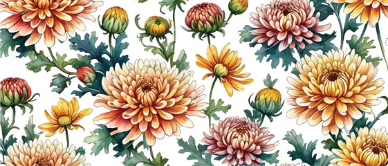 Wall Mural - Chrysanthemum flower pattern background in watercolor1