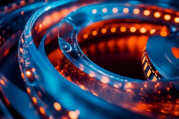 Vibrant close-up shot of an illuminated cinematic film reel spiral. Concept Cinematic Photography, Close-up Shots, Illuminated Objects, Film Reel, Spiral, Generative AI