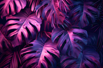 Wall Mural - Vibrant tropical leaves in purple and pink neon light, perfect for a modern and stylish design.