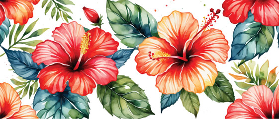 Wall Mural - Hibiscus flower pattern background watercolor style5