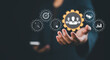 © Nirusmee - HRM or Human Resource Management, Strategic planning for success through people business development concept by choosing professional leaders' employee competency Teamwork, icons on human hands.