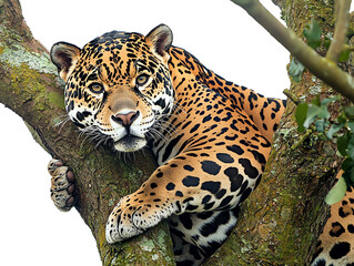 Wall Mural - Stealthy jaguar in a tree on transparent background