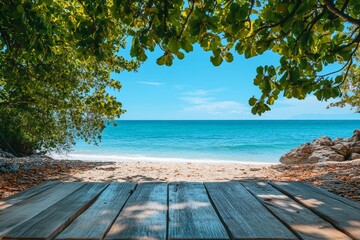 Wall Mural - Desk of free space and summer ladnscape of beach and sea, Generative AI