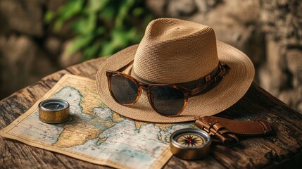 A stylish display of a hat, compass, sunglasses, and a map on a wooden table. The wood adds an artistic touch to this collection of travel essentials, Generative AI