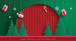 © AmazeinDesign - Christmas paper cut podium vector banner design. Merry christmas and happy new year greeting text with pine tree paper cut and curtains fold backdrop. Vector illustration product display banner.