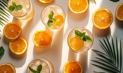 Summer orange cocktails with citrus fruits on white background. Hard seltzer, lemonade, refreshing drinks, low alcohol mocktails, summer party concept. Trendy leaf shadow and sunlight, Generative AI